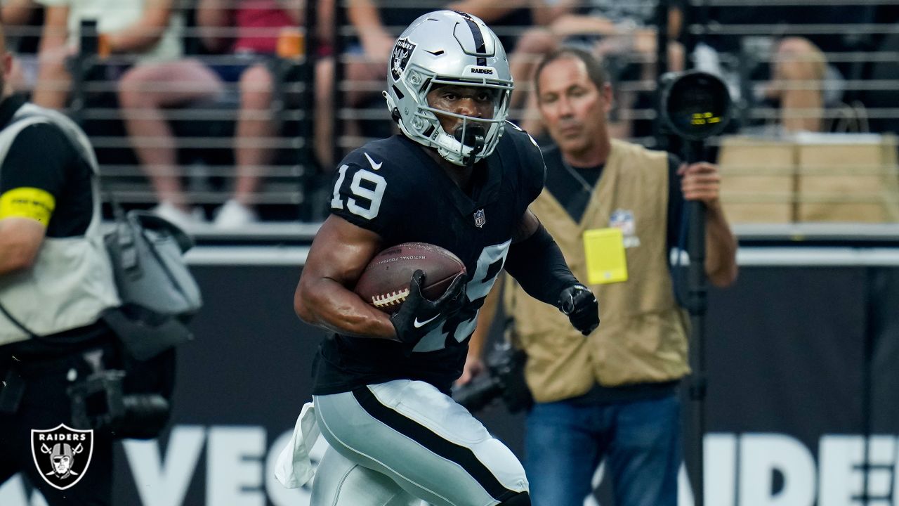 Las Vegas Raiders wide receiver DJ Turner runs with the ball during the  first half of an NFL football game against the Houston Texans Sunday, Oct.  23, 2022, in Las Vegas. (AP