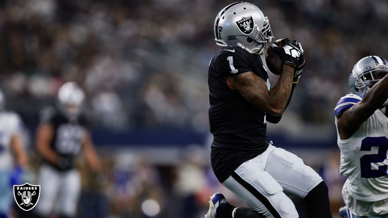 Raiders wide receiver DeSean Jackson warms up before an NFL