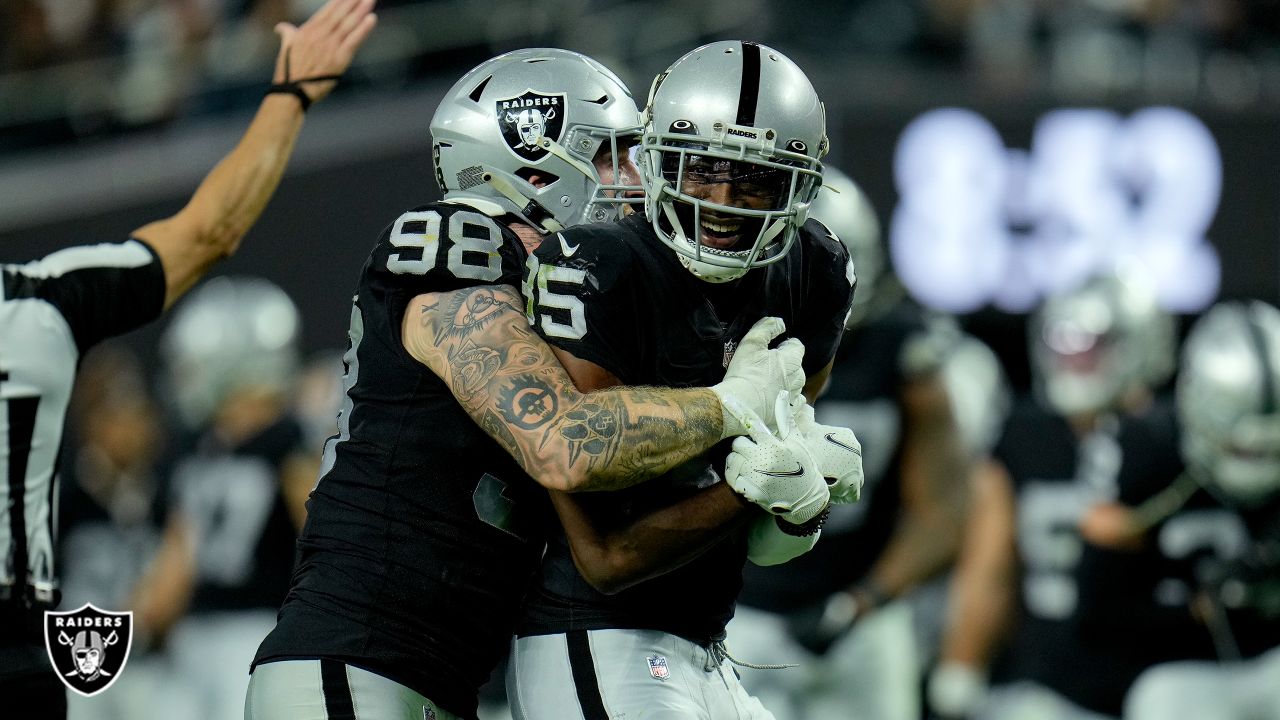 Las Vegas Raiders' Tyron Johnson (17) runs against the Los Angeles Chargers  during the first half of an NFL football game, Sunday, Jan. 9, 2022, in Las  Vegas. (AP Photo/Ellen Schmidt Stock