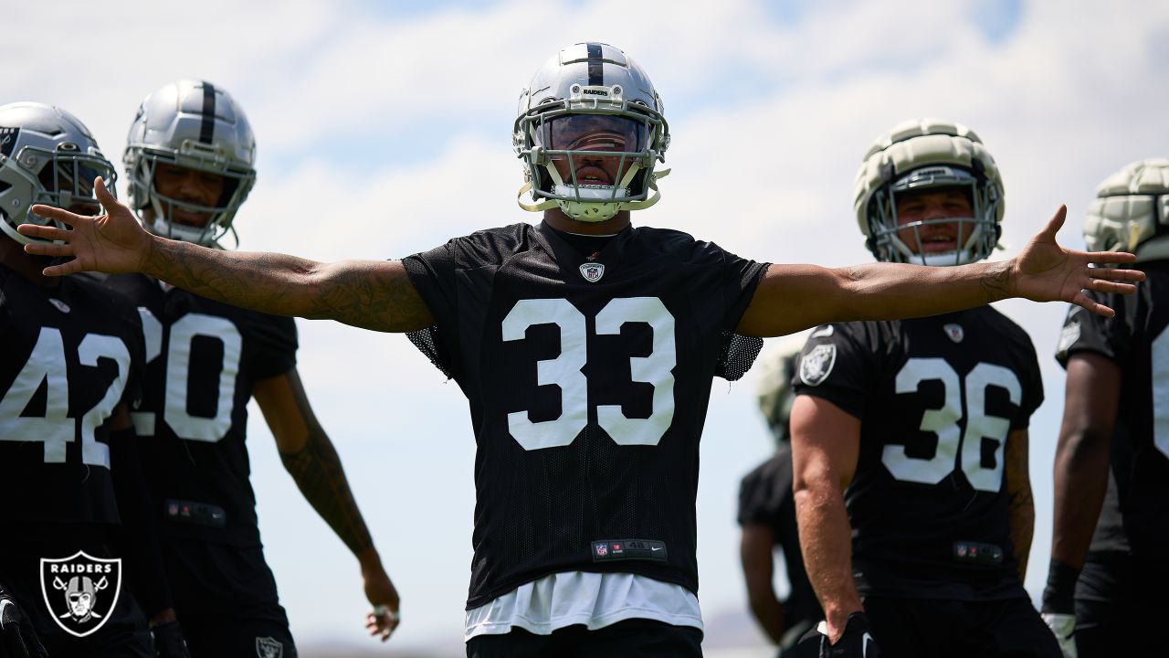 Las Vegas Raiders safety Isaiah Pola-Mao (20) is seen during warm ups  before an NFL preseason football game against the Dallas Cowboys, Saturday,  Aug. 26, 2023, in Arlington, Texas. Dallas won 31-16. (