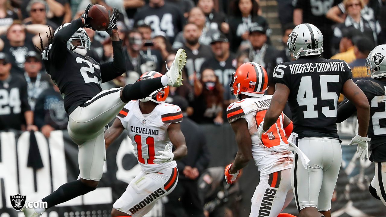 Oakland Raiders Reggie Nelson (27) celebrates intercepting pass