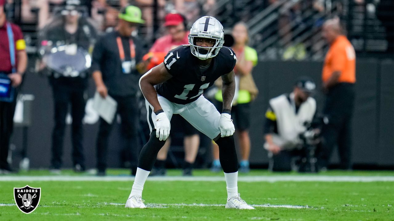 Las Vegas Raiders wide receiver DJ Turner runs with the ball during the  first half of an NFL football game against the Houston Texans Sunday, Oct.  23, 2022, in Las Vegas. (AP