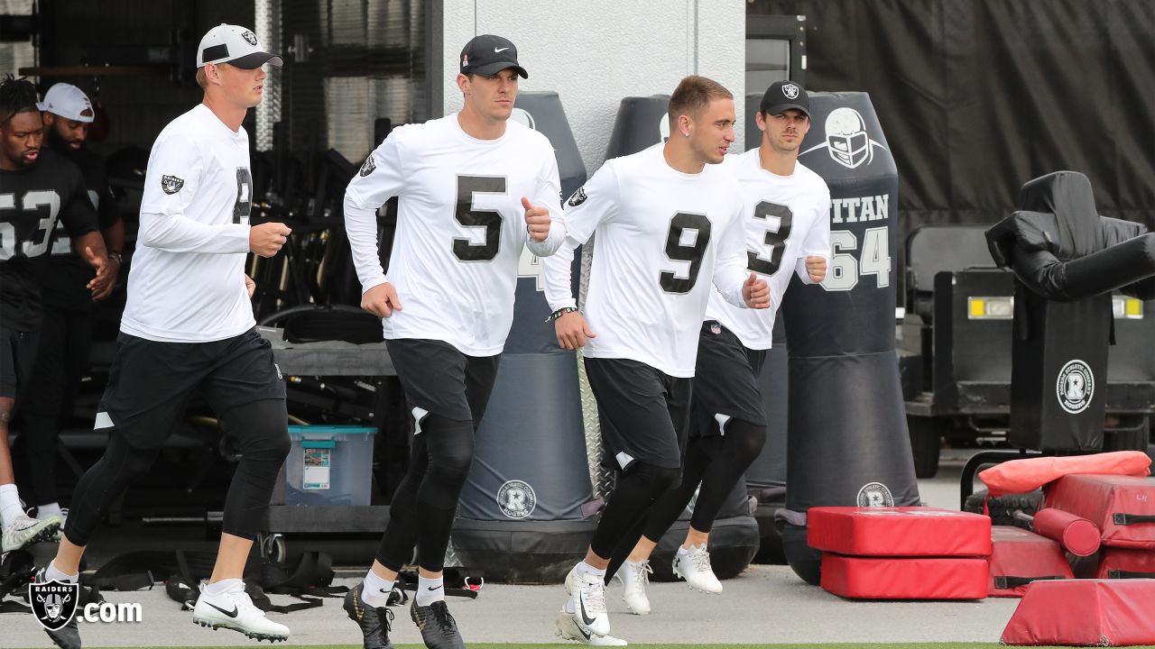 Raiders kicker Daniel Carlson (8), punter Johnny Townsend (5), kicker Eddy Piñeiro (9), and punter Drew Kaser (3) at a workout during phase two of the offseason program at the Raiders Practice Facility, in Alameda, Calif.