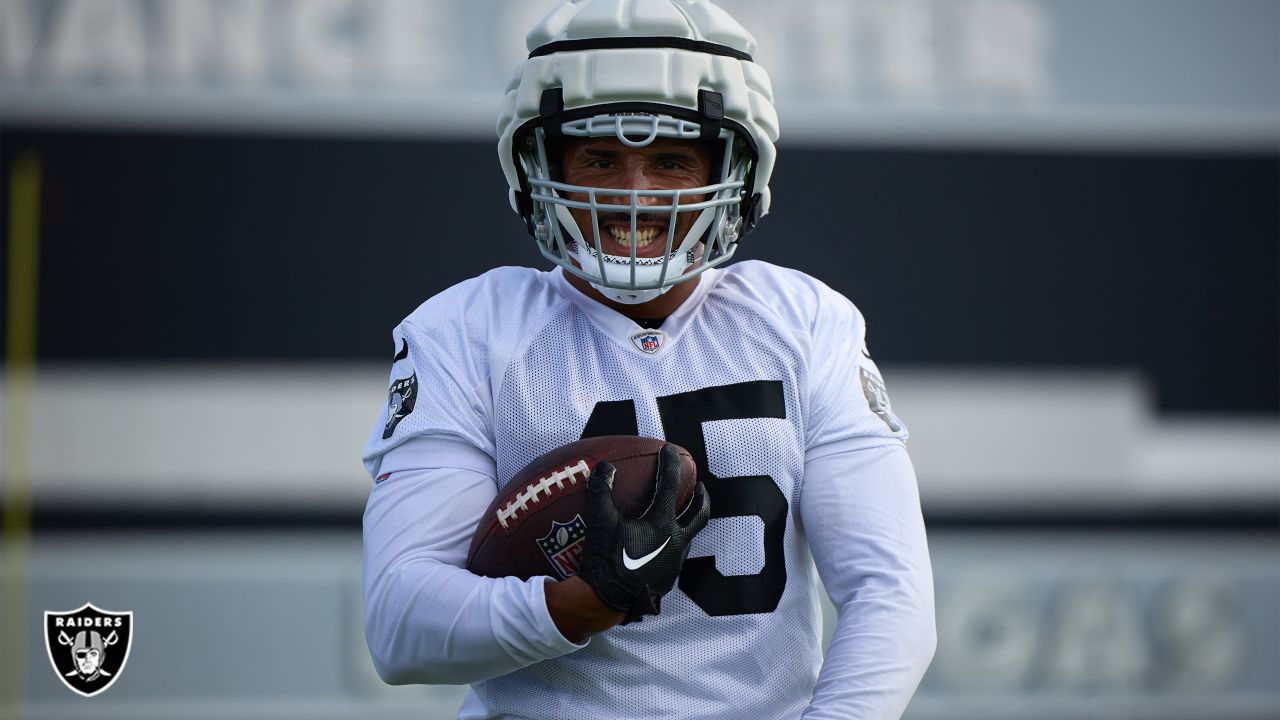 Las Vegas Raiders fullback Jakob Johnson (45) leaves the field against the  Indianapolis Colts during the