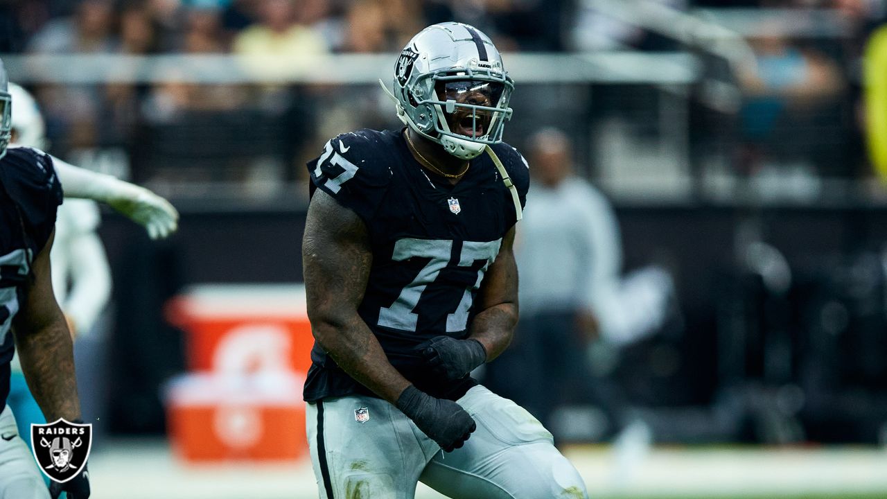 Raiders defensive tackle Quinton Jefferson (77) leaves the field after  defeating the Philadelph …