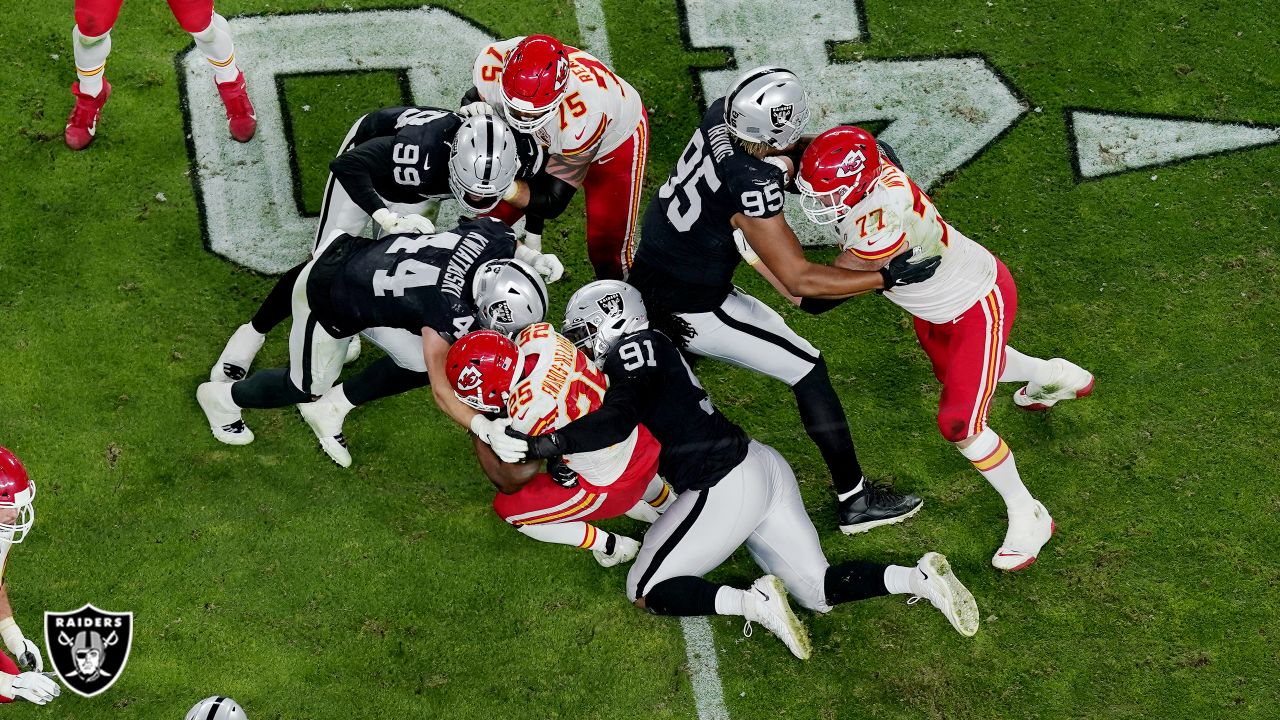 Las Vegas Raiders cornerback Damon Arnette goes flying past Kansas City  Chiefs tight end Travis Kelce on TE's 19-yard play