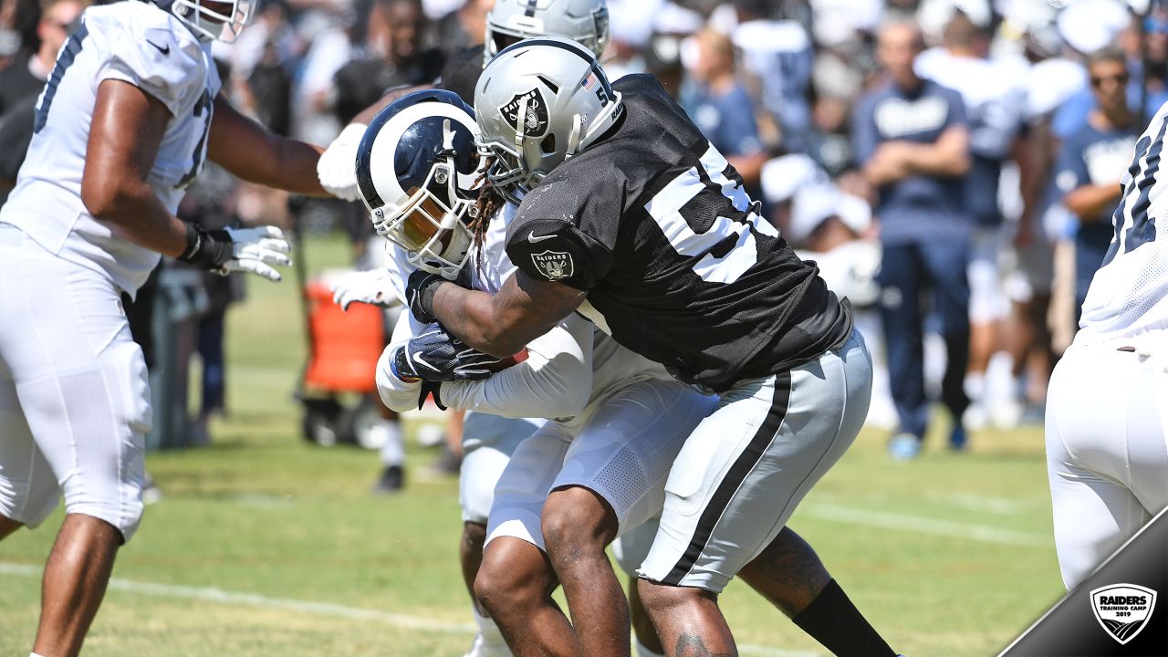 Oakland Raiders defensive tackle Johnathan Hankins (90) during NFL football  training camp Thursday, Aug. 8, 2019, in Napa, Calif. Both the Oakland  Raiders and the Los Angeles Rams held a joint practice