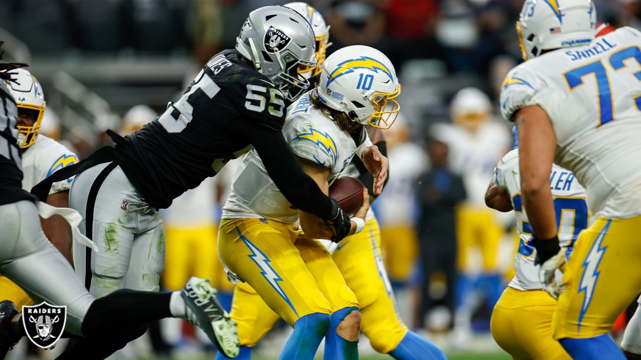 Los Angeles Chargers tight end Tre' McKitty (88) is tackled by Las Vegas  Raiders cornerback Nate Hobbs (39) during the first half of an NFL football  game, Sunday, Dec. 4, 2022, in