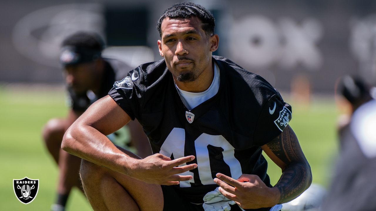 Las Vegas Raiders safety Isaiah Pola-Mao (20) is seen during warm ups  before an NFL preseason football game against the Dallas Cowboys, Saturday,  Aug. 26, 2023, in Arlington, Texas. Dallas won 31-16. (