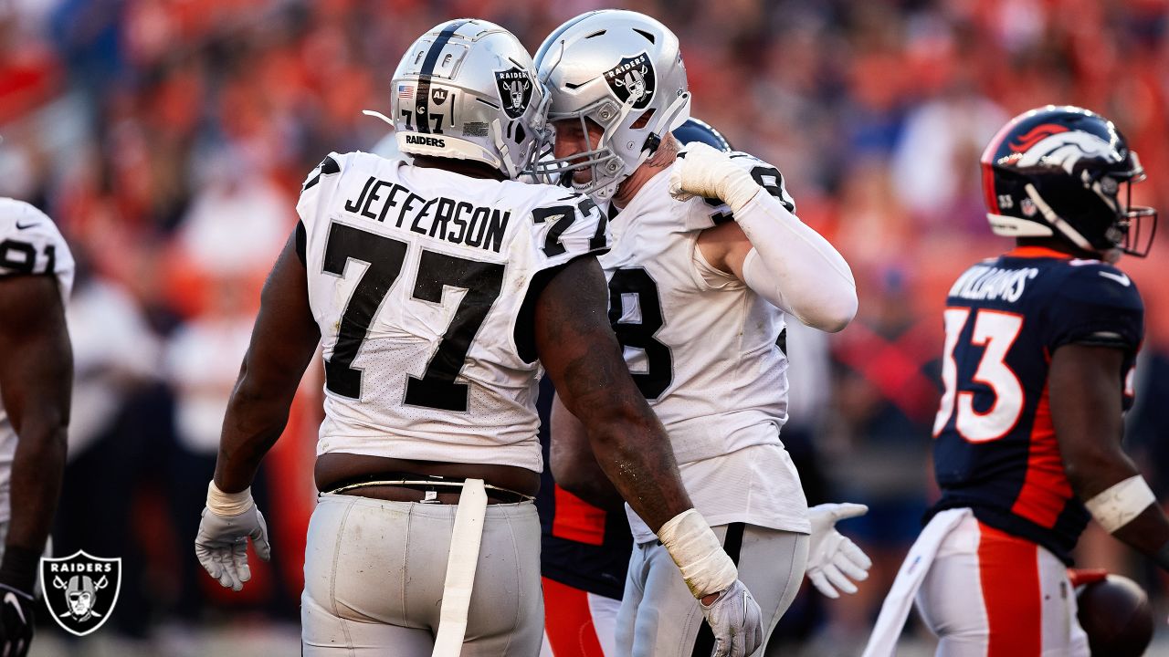 Raiders defensive tackle Quinton Jefferson (77) leaves the field after  defeating the Philadelph …