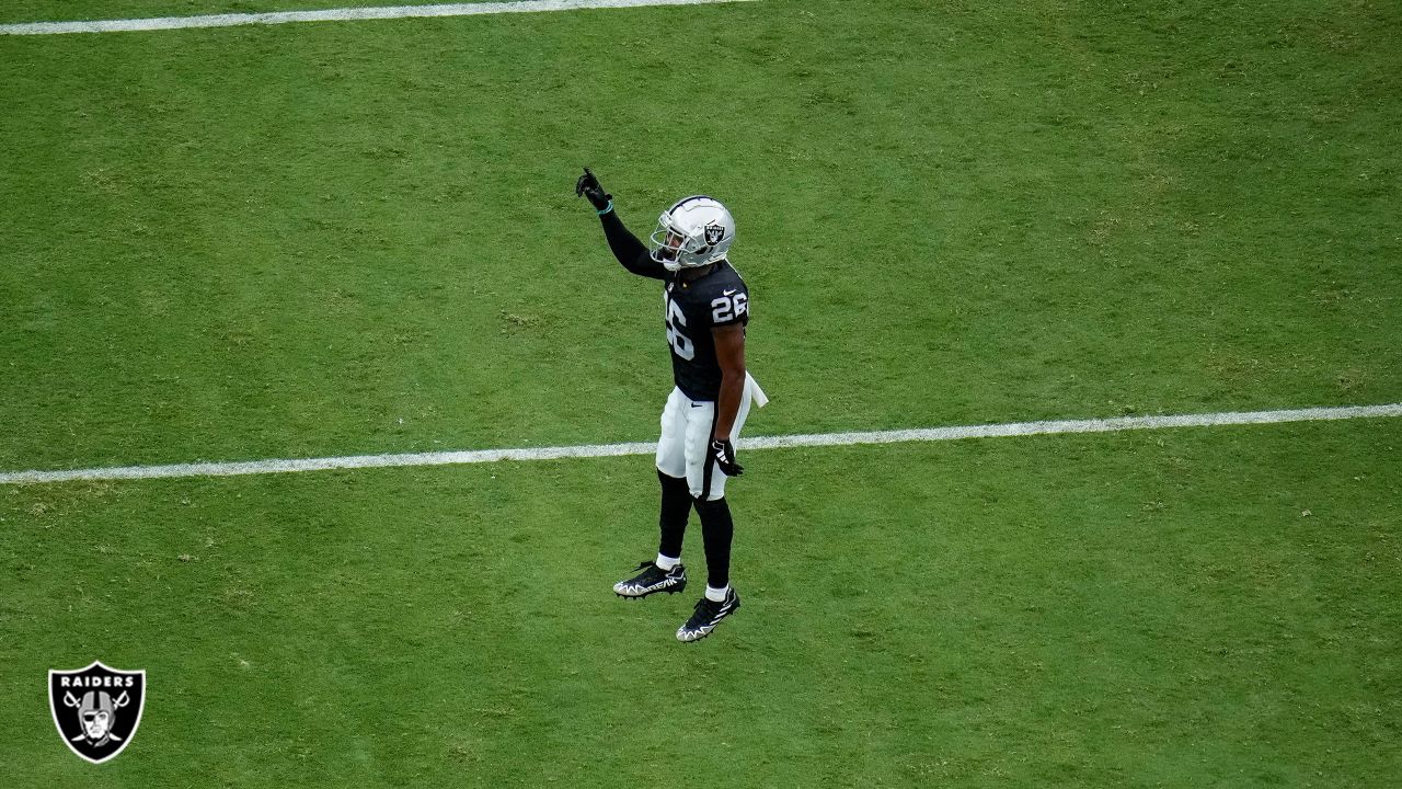 Las Vegas Raiders safety Roderic Teamer (33) celebrates a defensive stop  against the San Francisco 49ers during the first half of an NFL preseason  football game, Sunday, Aug. 13, 2023, in Las