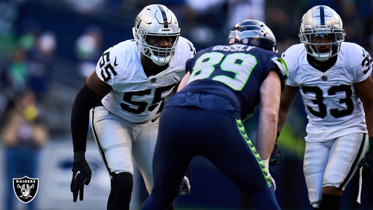 Las Vegas Raiders safety Duron Harmon celebrates his interception with  defensive end Maxx Crosby during an NFL football game against the Seattle  Seahawks, Sunday, Nov. 27, 2022, in Seattle.The Raiders won 40-34