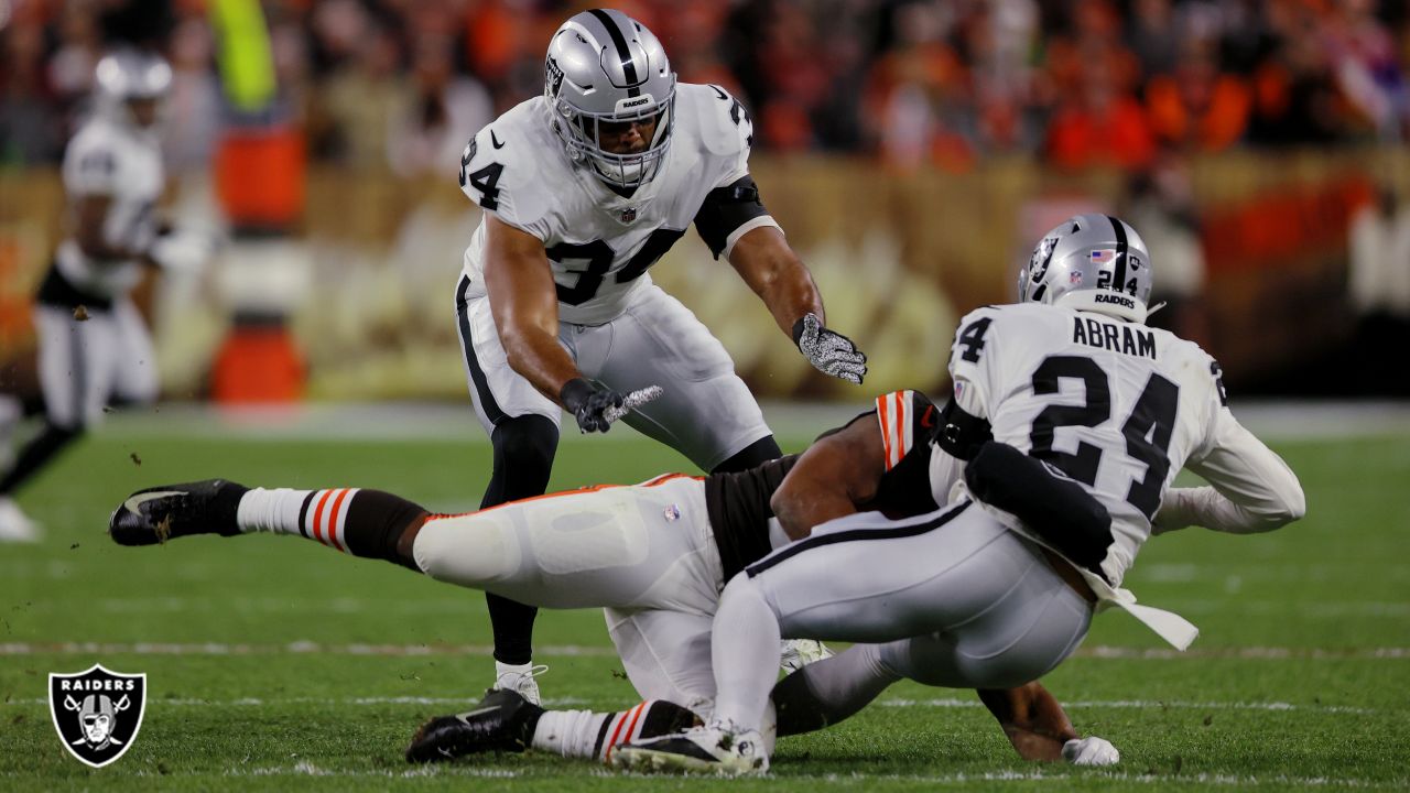 Las Vegas Raiders safety Johnathan Abram (24) walks off the field after  being injured against the Cleveland Browns during the second half of an NFL  football game, Monday, Dec. 20, 2021, in