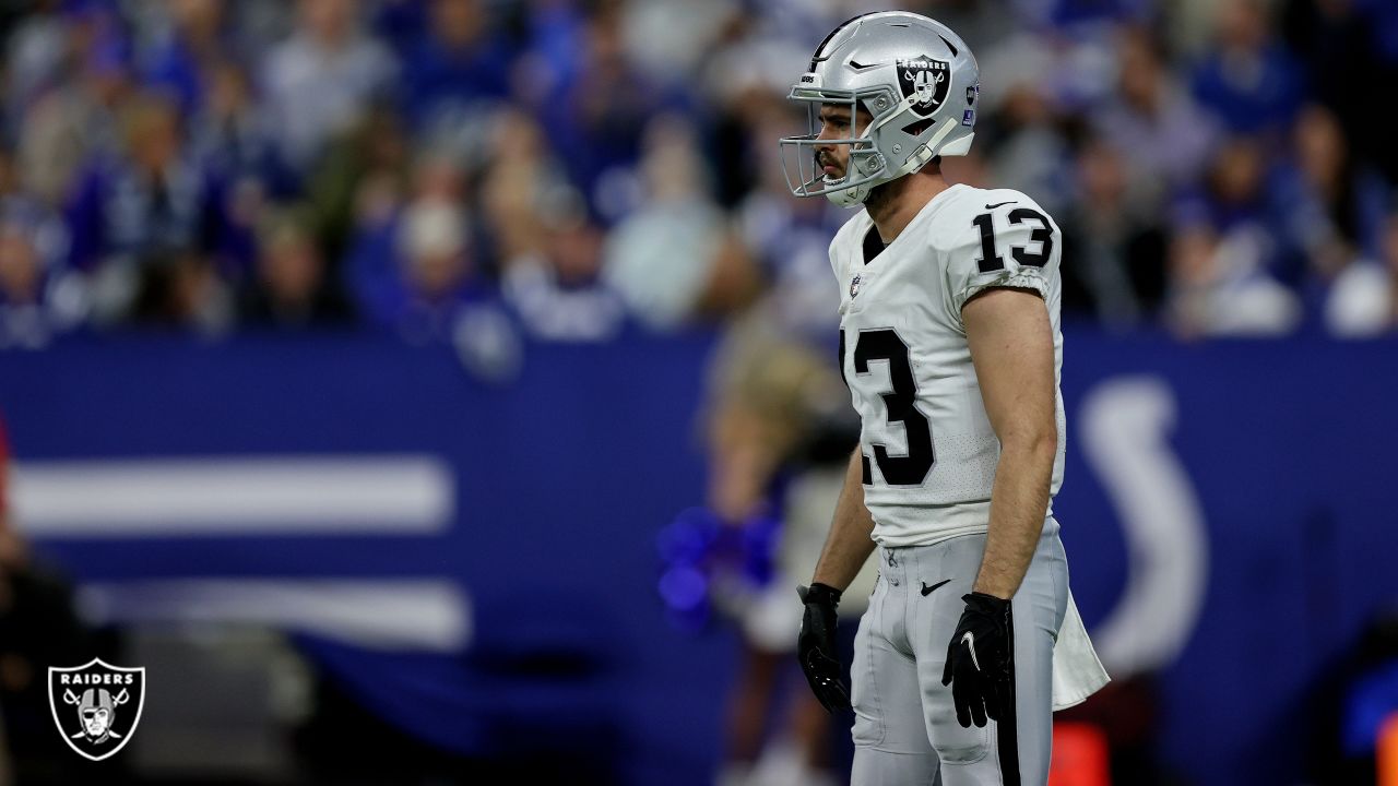 Las Vegas Raiders wide receiver Hunter Renfrow (13) celebrates with  teammate quarterback Derek …