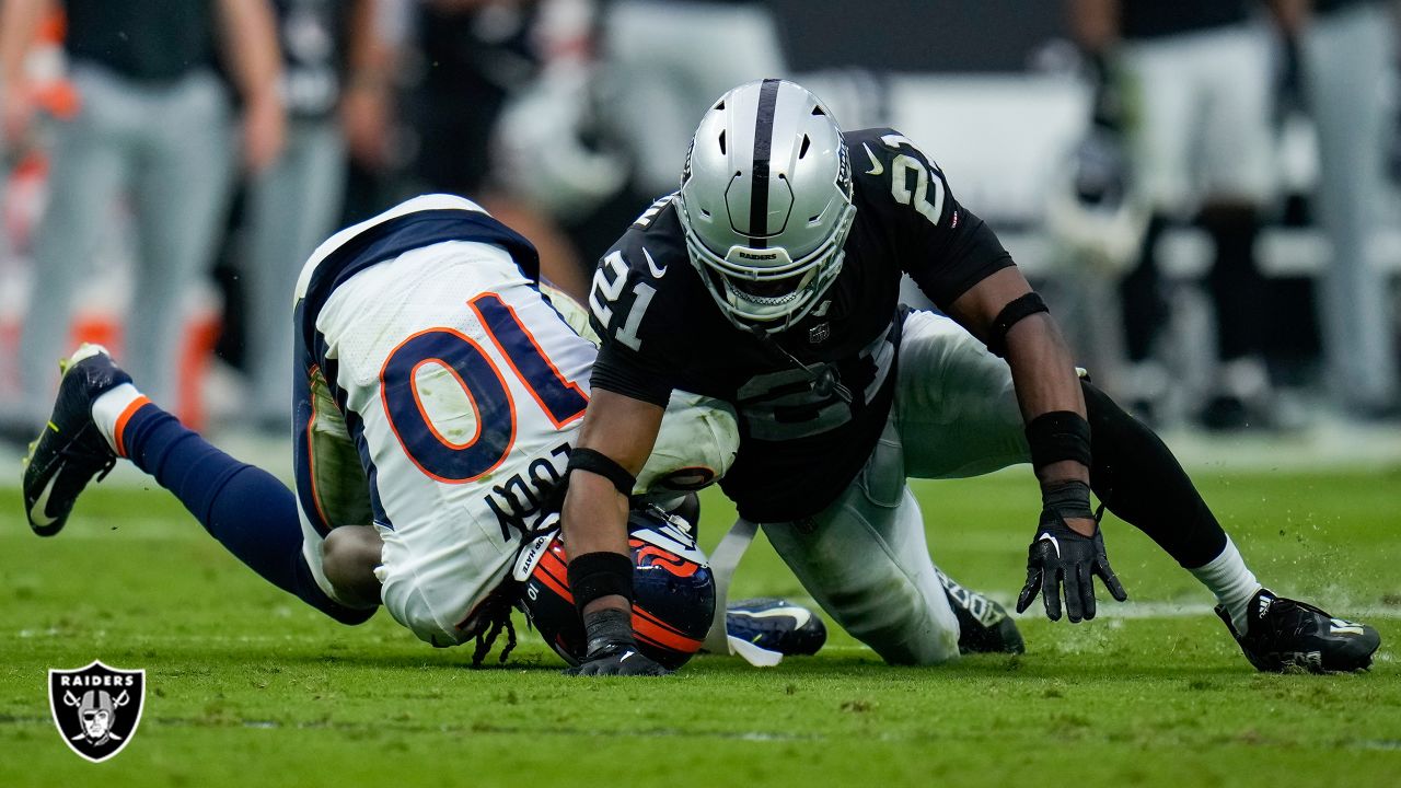 Oakland Raiders running back Josh Jacobs runs the ball during an NFL football  game against the Denver Broncos on Monday, Sept. 9, 2019, in Oakland, CA. The  Raiders won 24-16. (Daniel Gluskoter/AP