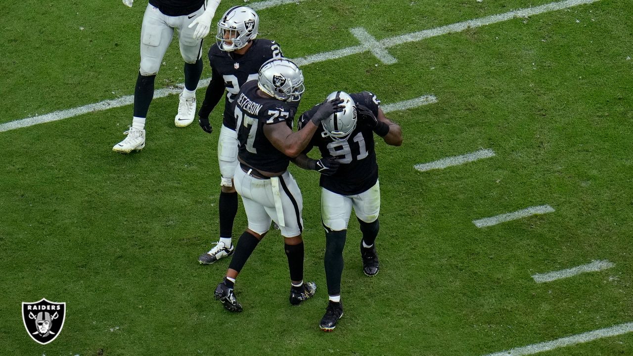 Raiders defensive tackle Quinton Jefferson (77) leaves the field after  defeating the Philadelph …