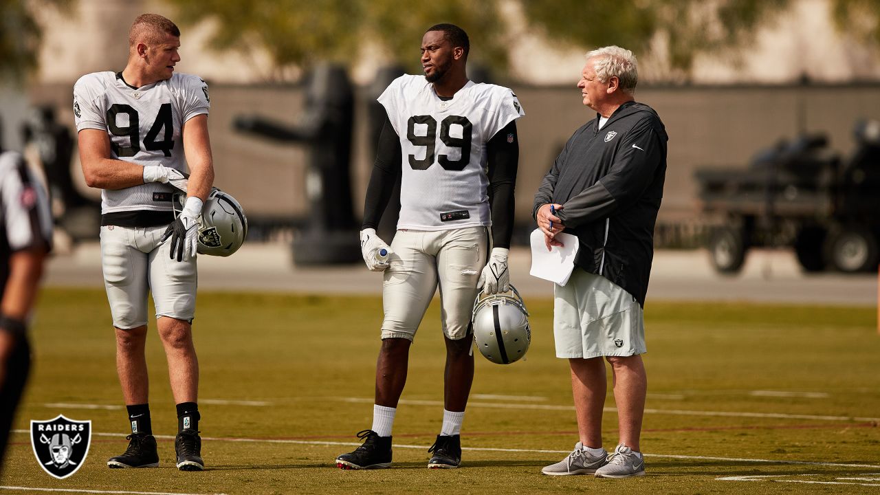 Defensive end Clelin Ferrell (99) grabs some air during a Las Vegas Raiders  open practice at th …