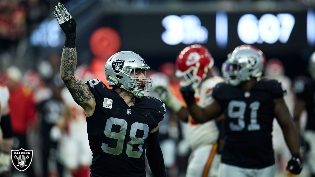 Las Vegas Raiders defensive end Maxx Crosby (98) celebrates after a big  defensive stop in the f …