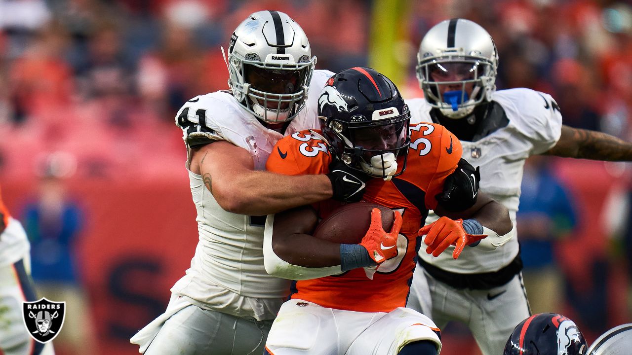 Denver Broncos outside linebacker Von Miller (58) reacts to a play against  the Las Vegas Raiders in the first half of an NFL football game Sunday,  Oct. 17, 2021, in Denver. (AP