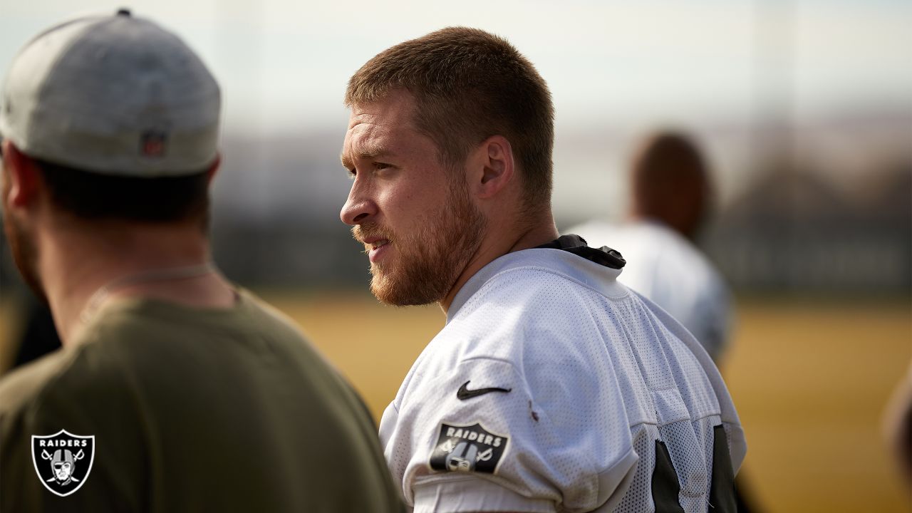 Raiders long snapper Carson Tinker (46) looks on during practice