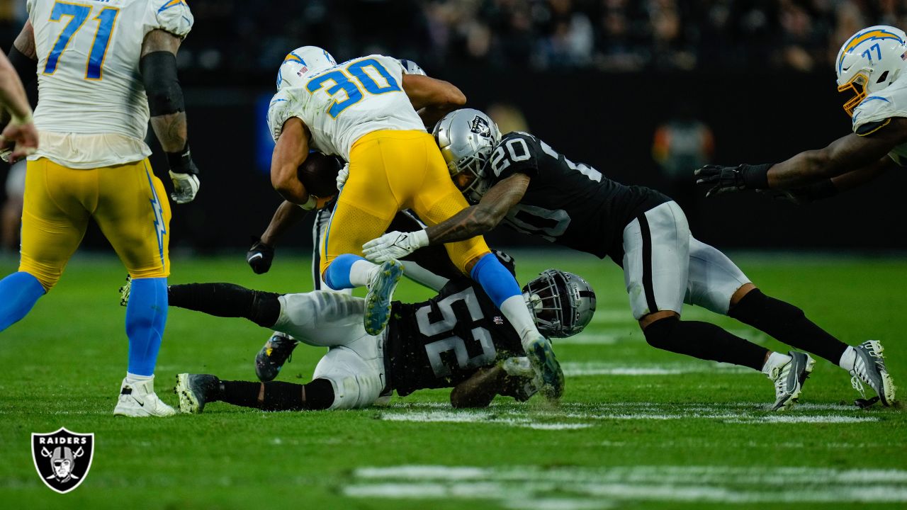 Las Vegas Raiders safety Duron Harmon (30) celebrates a missed field goal  by the Los Angeles Chargers during the second half of an NFL football game,  Sunday, Dec. 4, 2022, in Las