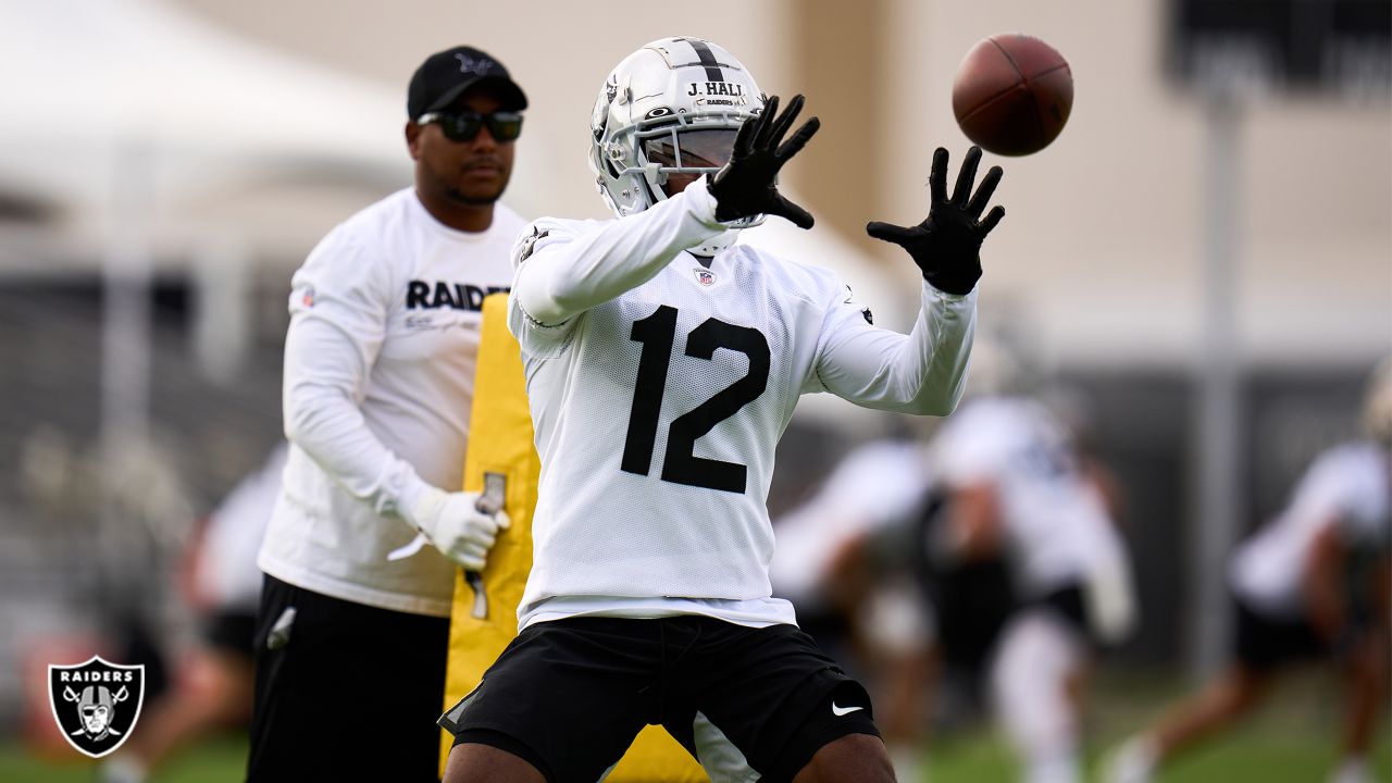 Las Vegas Raiders wide receiver Justin Hall (12) practices during