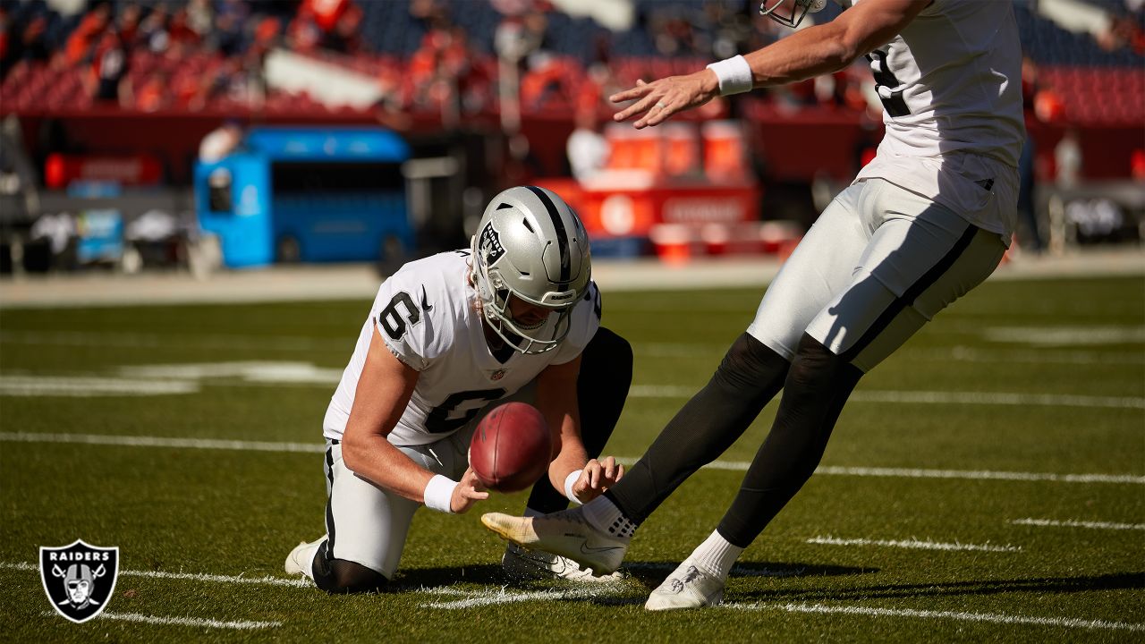 Las Vegas Raiders punter AJ Cole (6) warms up before an NFL