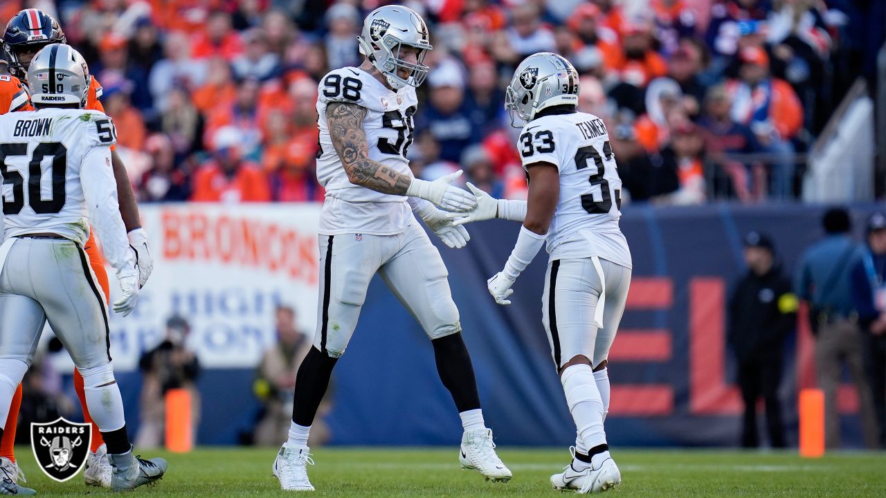 Las Vegas Raiders defensive end Maxx Crosby (98) celebrates after blocking  a field goal attempt …