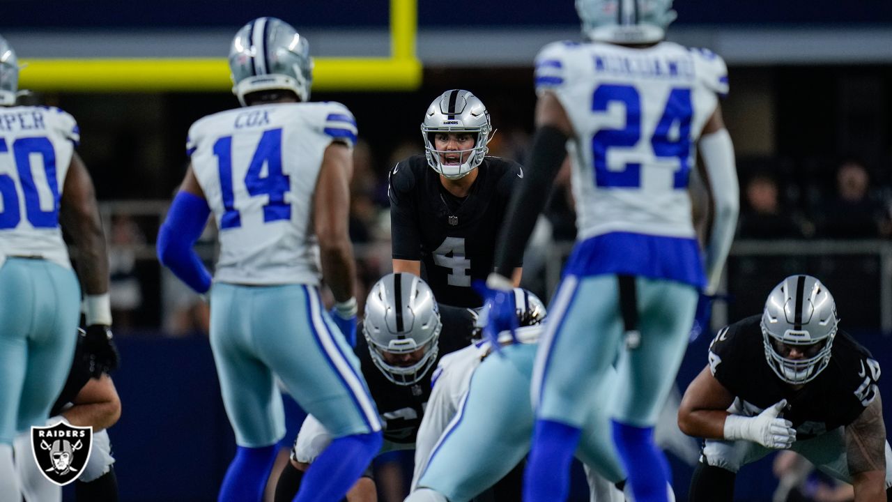 Las Vegas Raiders cornerback Sam Webb (27) is seen during warm ups before  an NFL preseason football game against the Dallas Cowboys, Saturday, Aug.  26, 2023, in Arlington, Texas. Dallas won 31-16. (