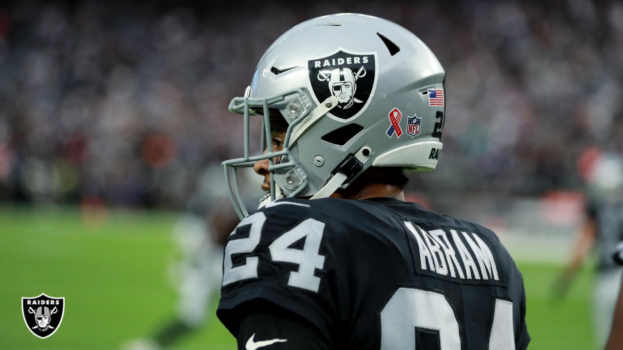 Las Vegas Raiders strong safety Johnathan Abram (24) warms up before the  start of an NFL footba …