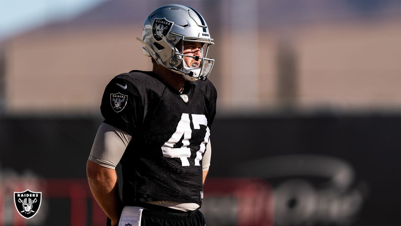 A view of the back of the Raiders helmet worn by Las Vegas Raiders long  snapper Trent Sieg (47) …