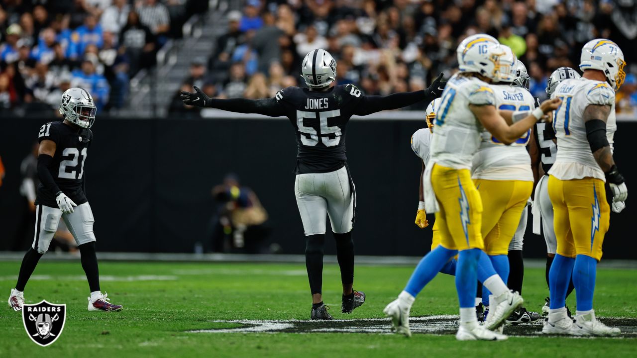 Las Vegas Raiders safety Duron Harmon (30) celebrates a missed field goal  by the Los Angeles Chargers during the second half of an NFL football game,  Sunday, Dec. 4, 2022, in Las