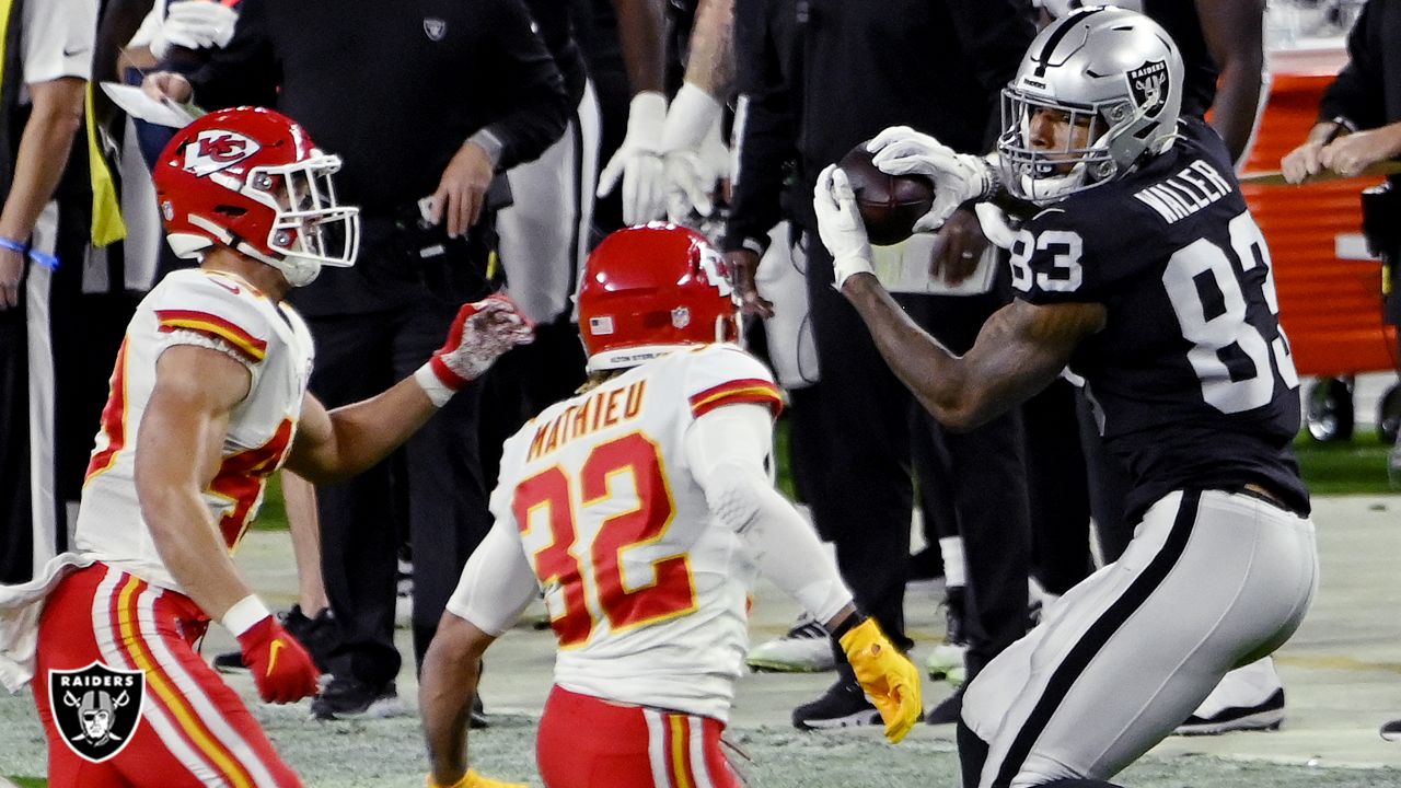 Las Vegas Raiders cornerback Damon Arnette goes flying past Kansas City  Chiefs tight end Travis Kelce on TE's 19-yard play