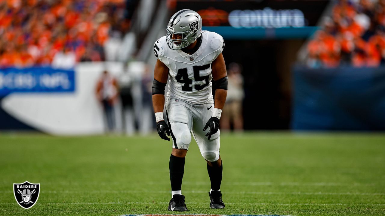 Las Vegas Raiders fullback Jakob Johnson (45) leaves the field against the  Indianapolis Colts during the