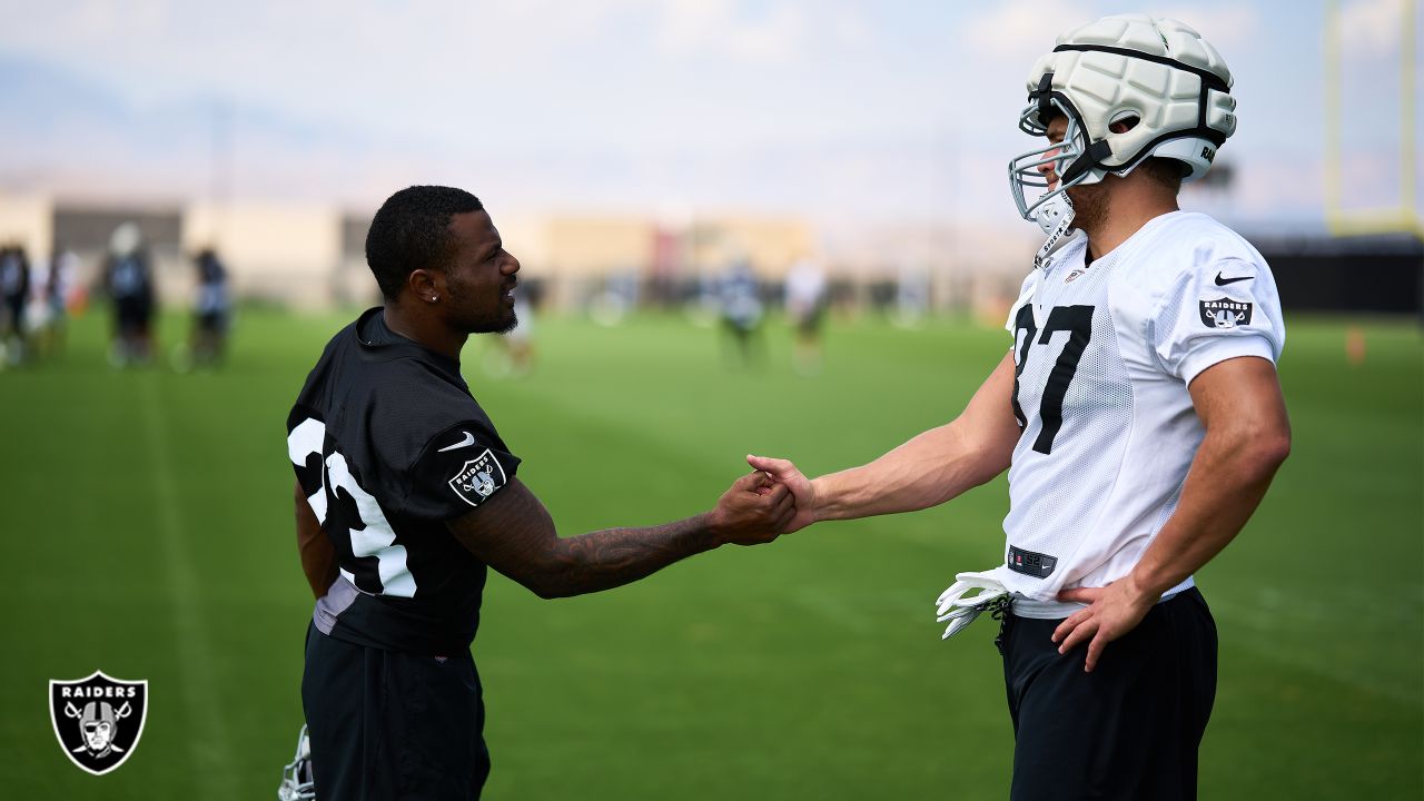 Las Vegas Raiders safety Jaquan Johnson (26) is seen during warm ups before  an NFL preseason football game against the Dallas Cowboys, Saturday, Aug.  26, 2023, in Arlington, Texas. Dallas won 31-16. (