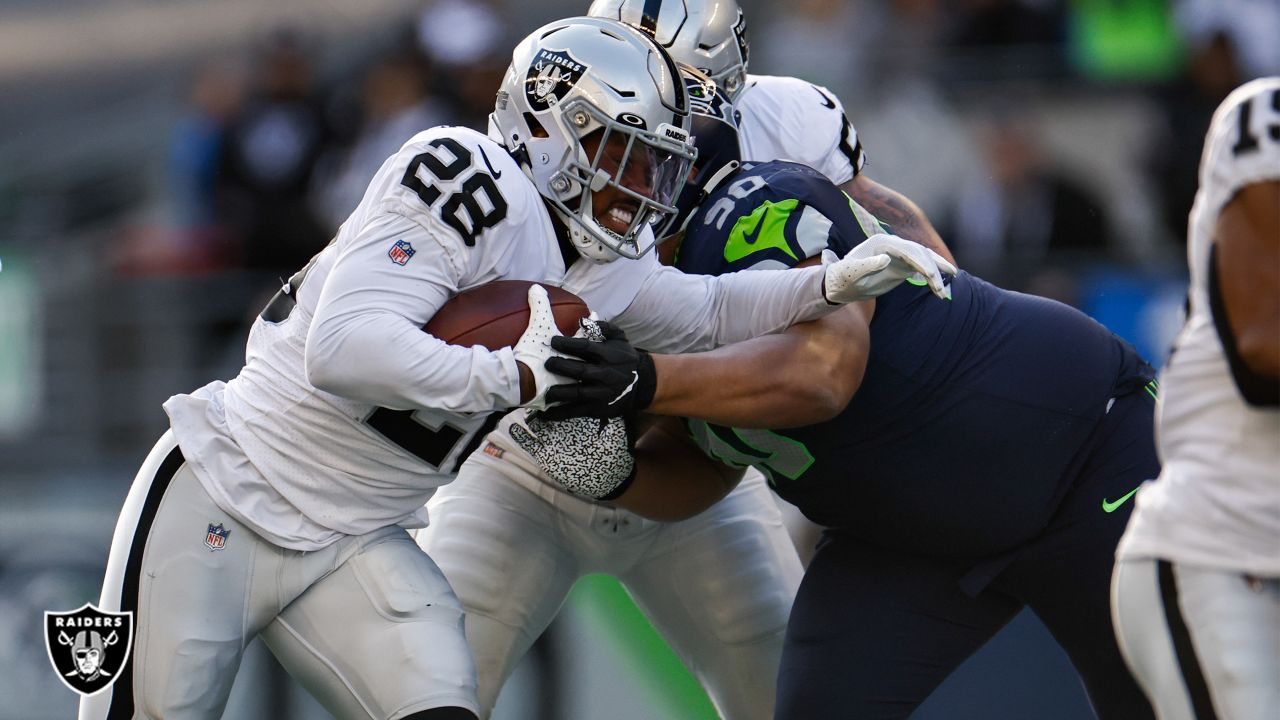 Las Vegas Raiders running back Josh Jacobs (28) leaves the field against  the Indianapolis Colts during the first half of an NFL football game,  Sunday, Nov 13, 2022, in Las Vegas. (AP