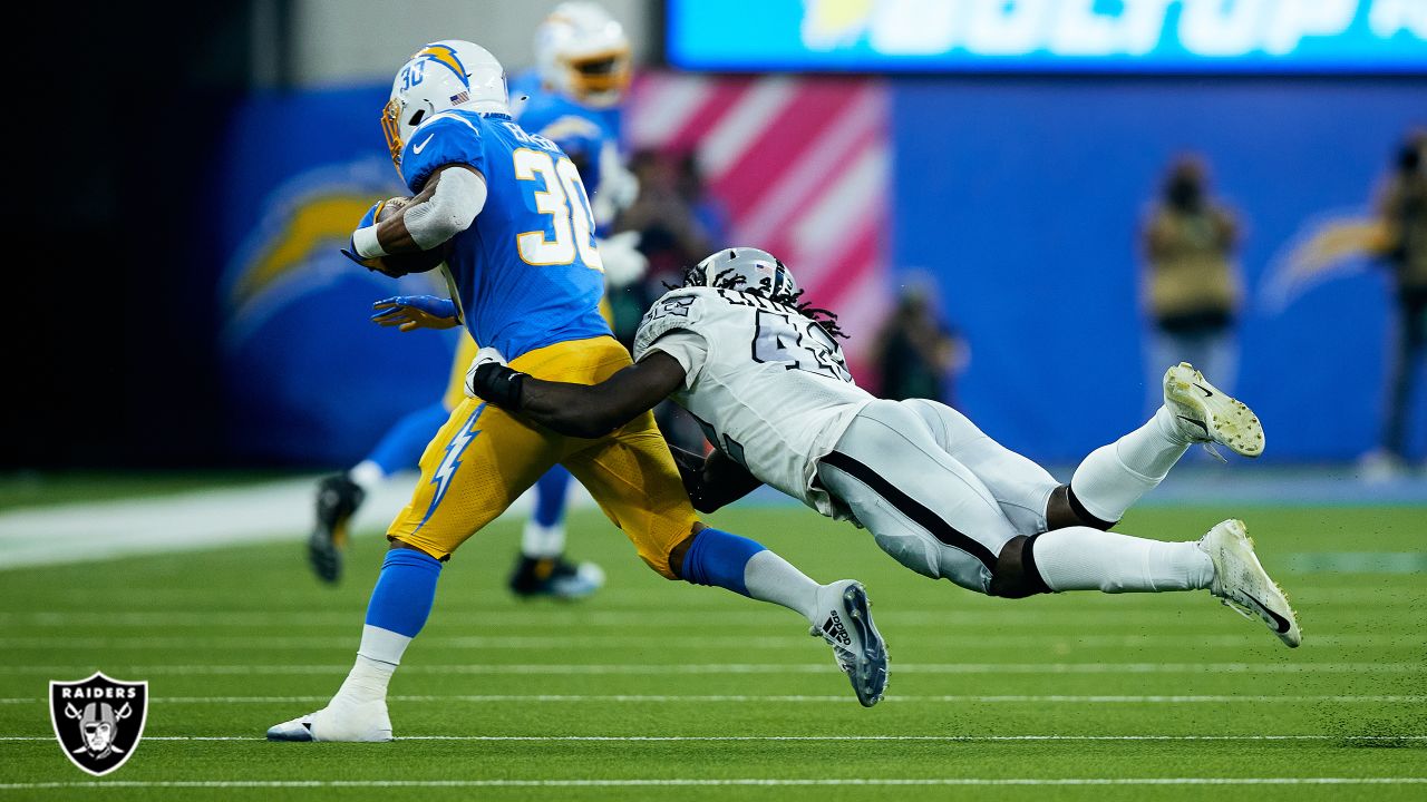 Las Vegas Raiders inside linebacker Cory Littleton (42) and Divine Deablo (5)  during the second half of an NFL football game against the Philadelphia  Eagles, Sunday, Oct. 24, 2021, in Las Vegas. (