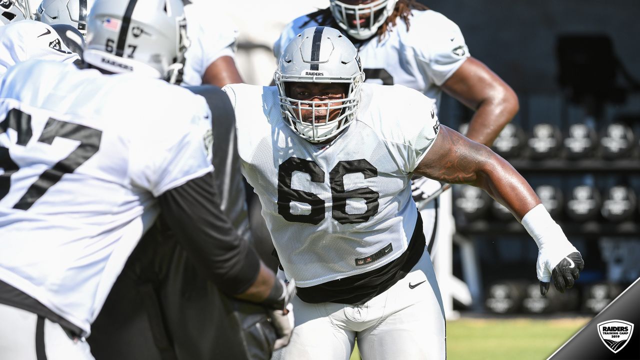 Oakland Raiders defensive tackle Johnathan Hankins (90) during NFL football  training camp Thursday, Aug. 8, 2019, in Napa, Calif. Both the Oakland  Raiders and the Los Angeles Rams held a joint practice