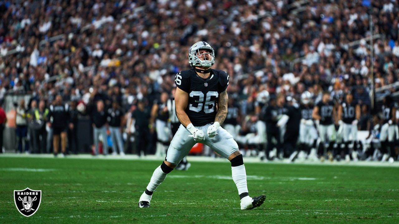 Las Vegas Raiders linebacker Curtis Bolton (36) celebrates after