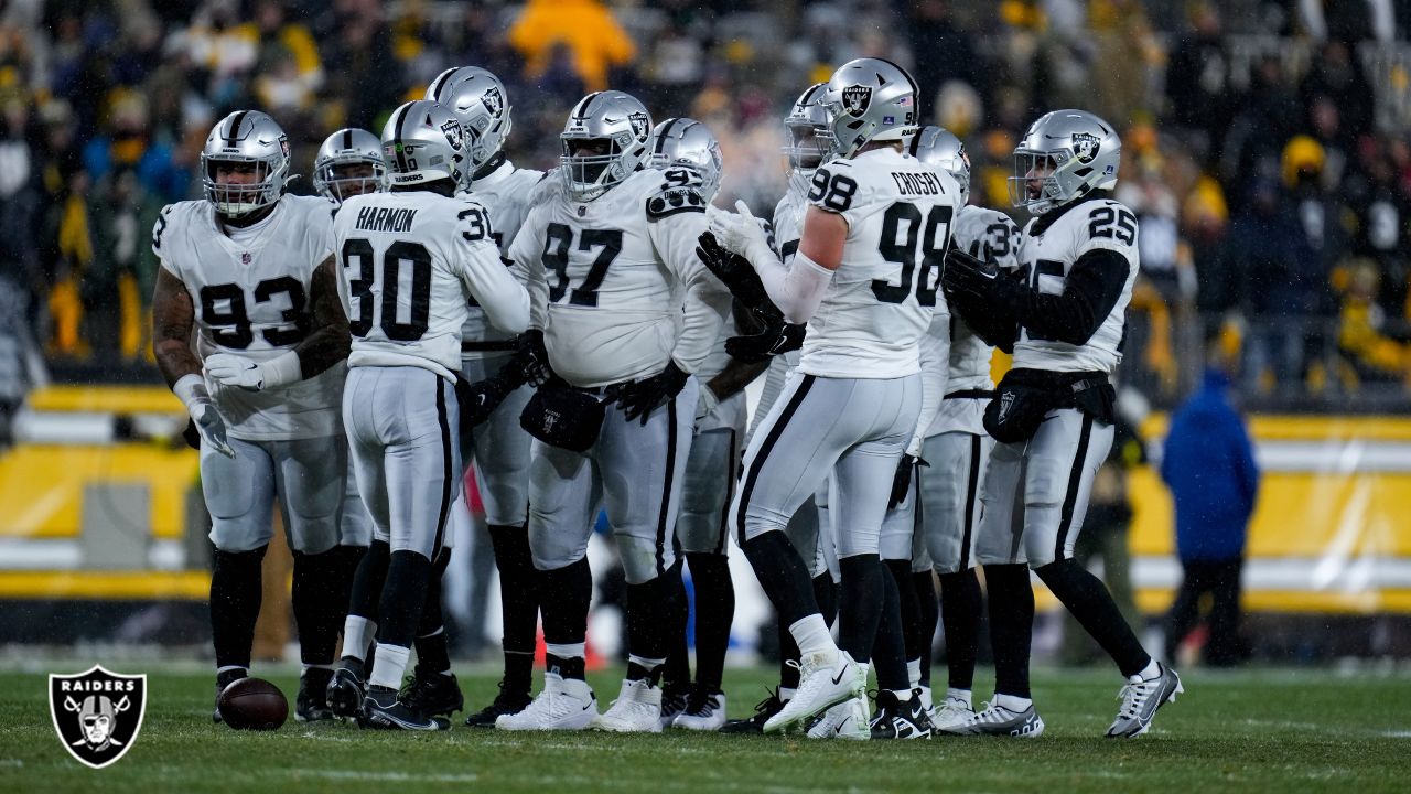 Las Vegas Raiders quarterback Jimmy Garoppolo, center, is sacked by  Pittsburgh Steelers linebacker T.J. Watt, right, as defensive end DeMarvin  Leal runs in during an NFL football game Sunday, Sept. 24, 2023