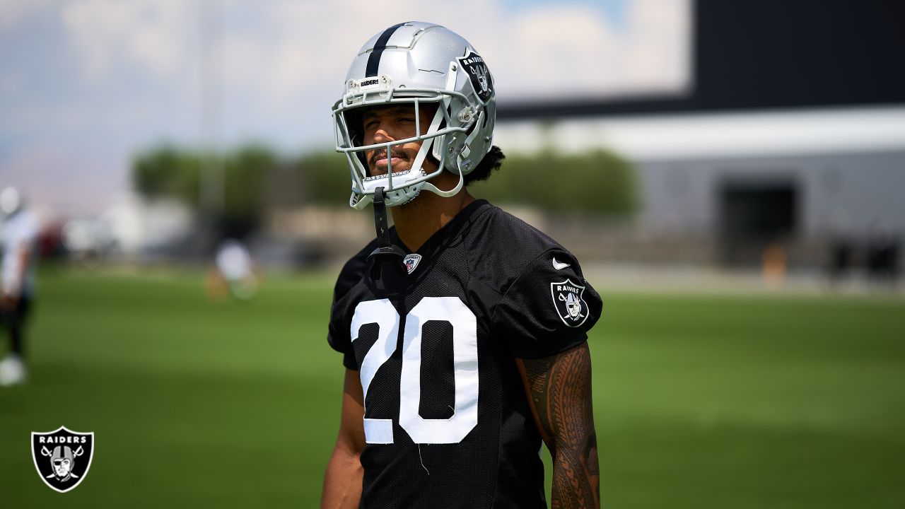 Las Vegas Raiders safety Jaquan Johnson (26) is seen during warm ups before  an NFL preseason football game against the Dallas Cowboys, Saturday, Aug.  26, 2023, in Arlington, Texas. Dallas won 31-16. (