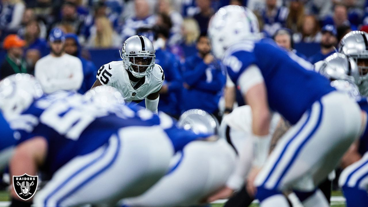 Las Vegas Raiders cornerback Brandon Facyson (35) wears a JM sticker on his  helmet in honor of John Madden before an NFL football game against the  Indianapolis Colts, Sunday, Jan. 2, 2022