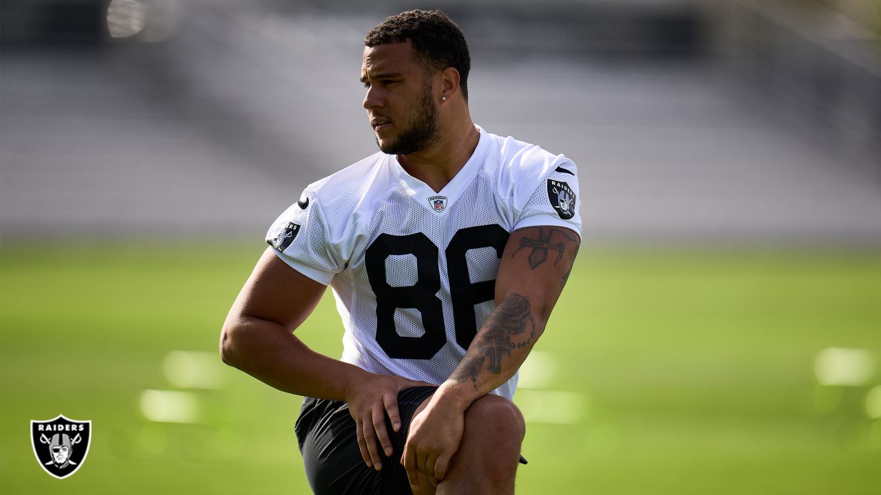 NASHVILLE, TN - SEPTEMBER 25: Las Vegas Raiders offensive tackle Thayer  Munford Jr. (77) looks on during warmups before the game between the  Tennessee Titans and the Las Vegas Raiders on September