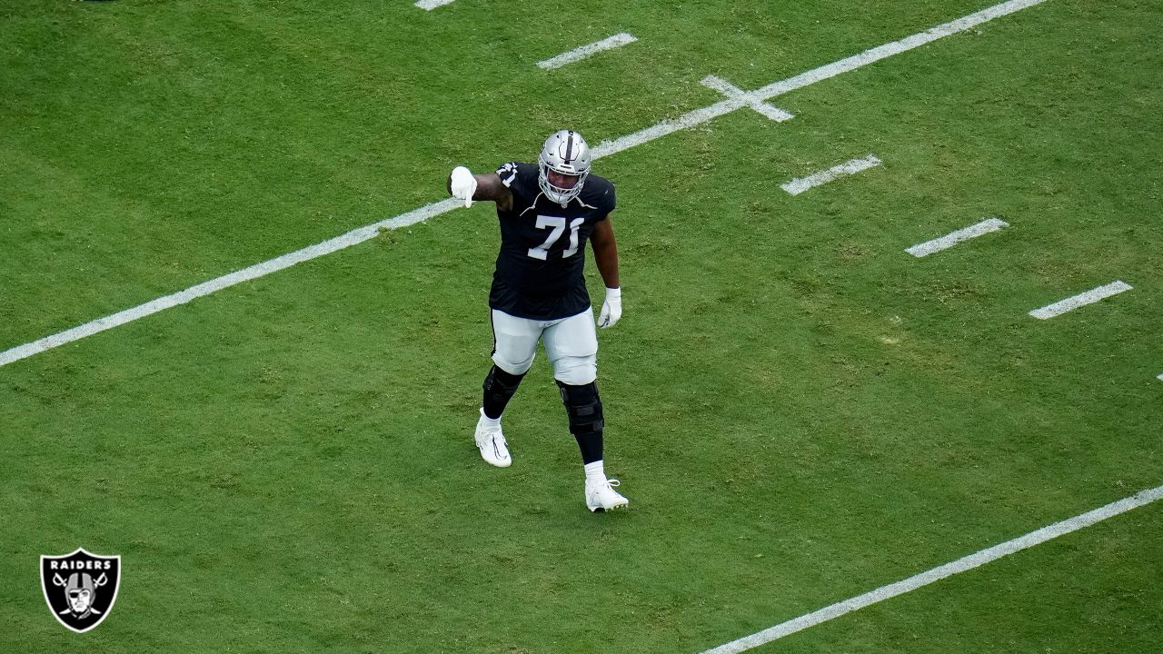 Las Vegas Raiders safety Roderic Teamer (33) celebrates a defensive stop  against the San Francisco 49ers during the first half of an NFL preseason  football game, Sunday, Aug. 13, 2023, in Las