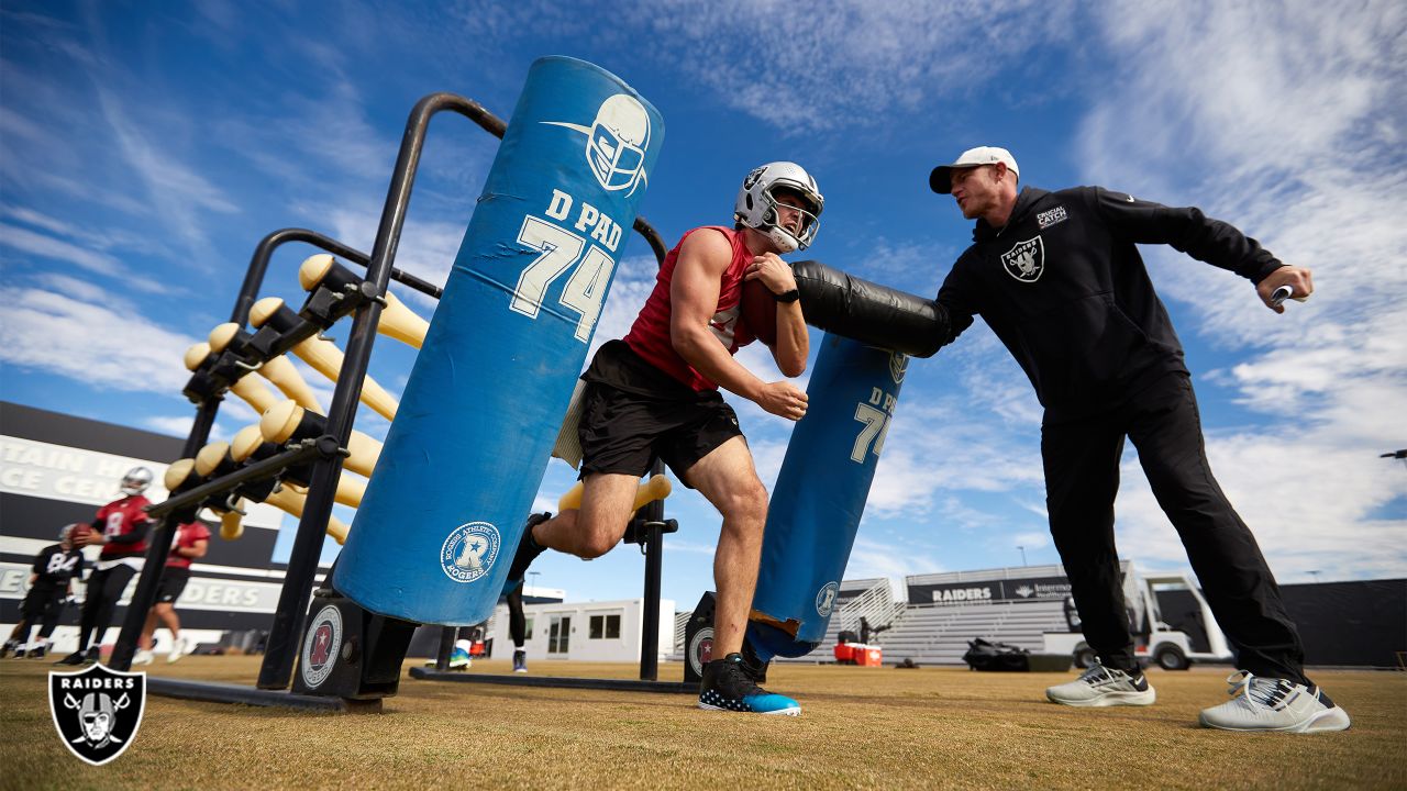 Raiders long snapper Carson Tinker (46) looks on during practice