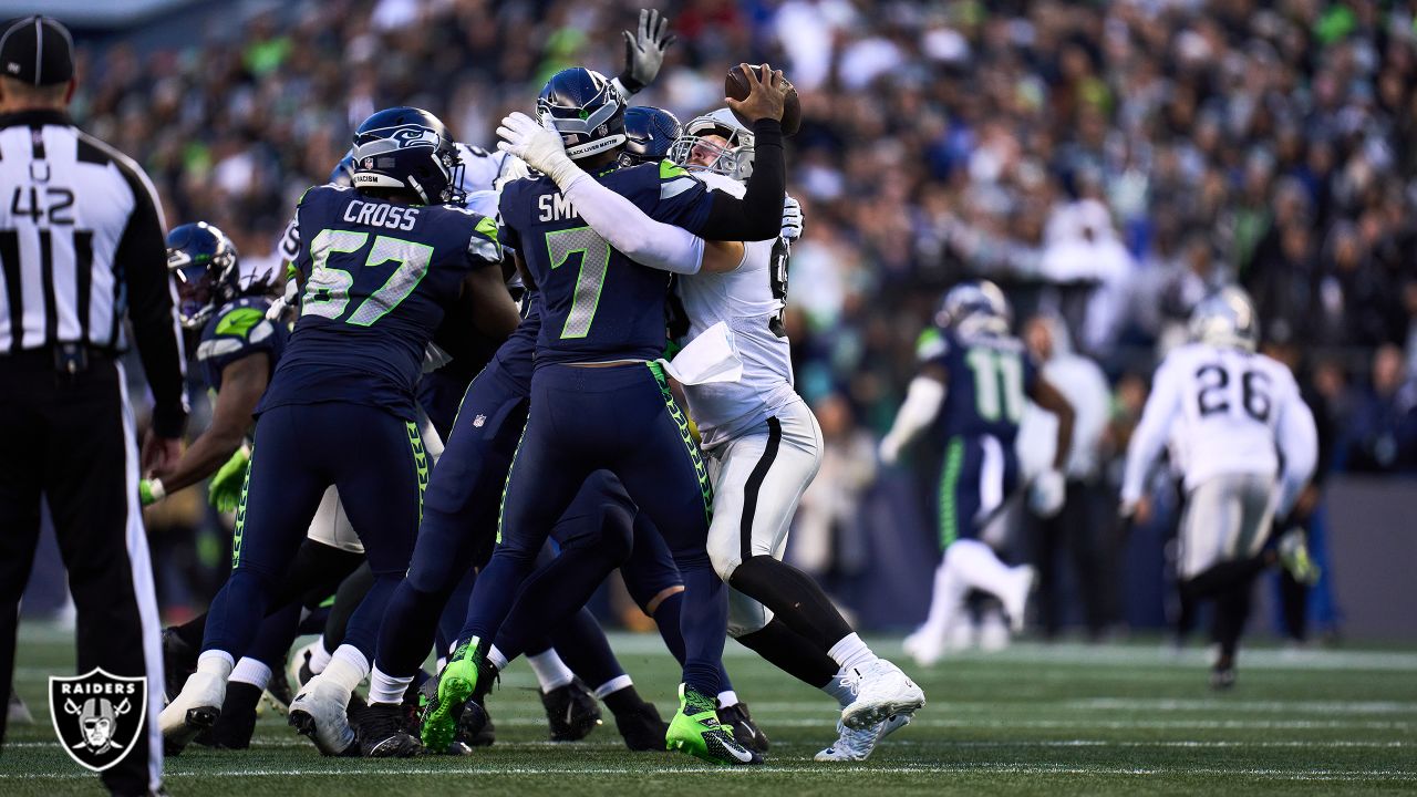 Raiders defensive end Maxx Crosby (98) poses during the second half of an  NFL football game aga …