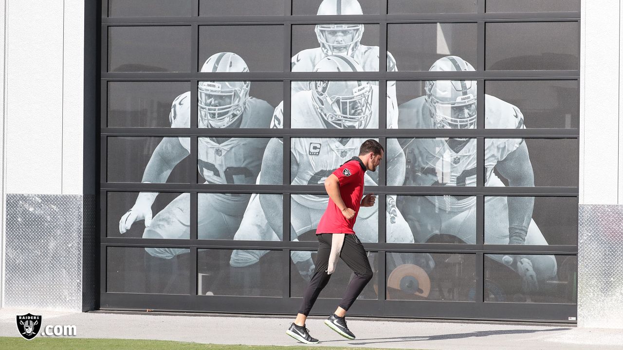 Oakland Raiders quarterback Derek Carr (4) on the field for a walk through before their game against the Indianapolis Colts, Wednesday, October 31, 2018, in Alameda, California.