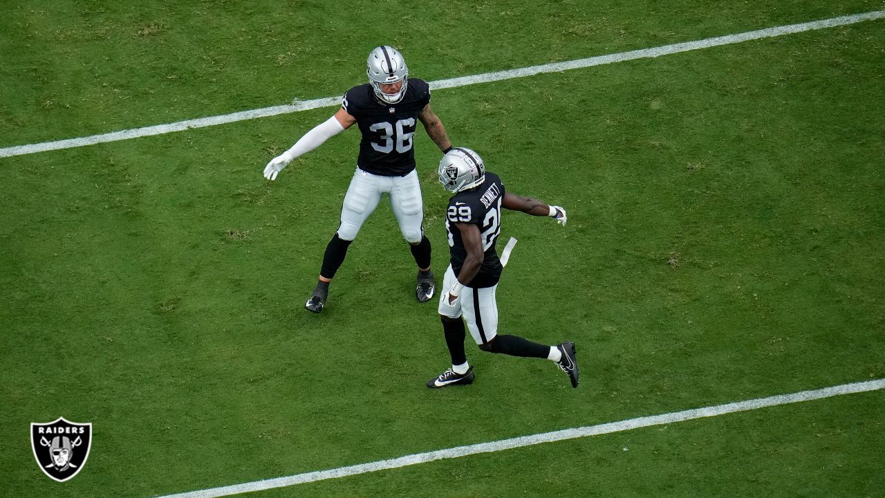 Las Vegas Raiders linebacker Curtis Bolton (36) celebrates after