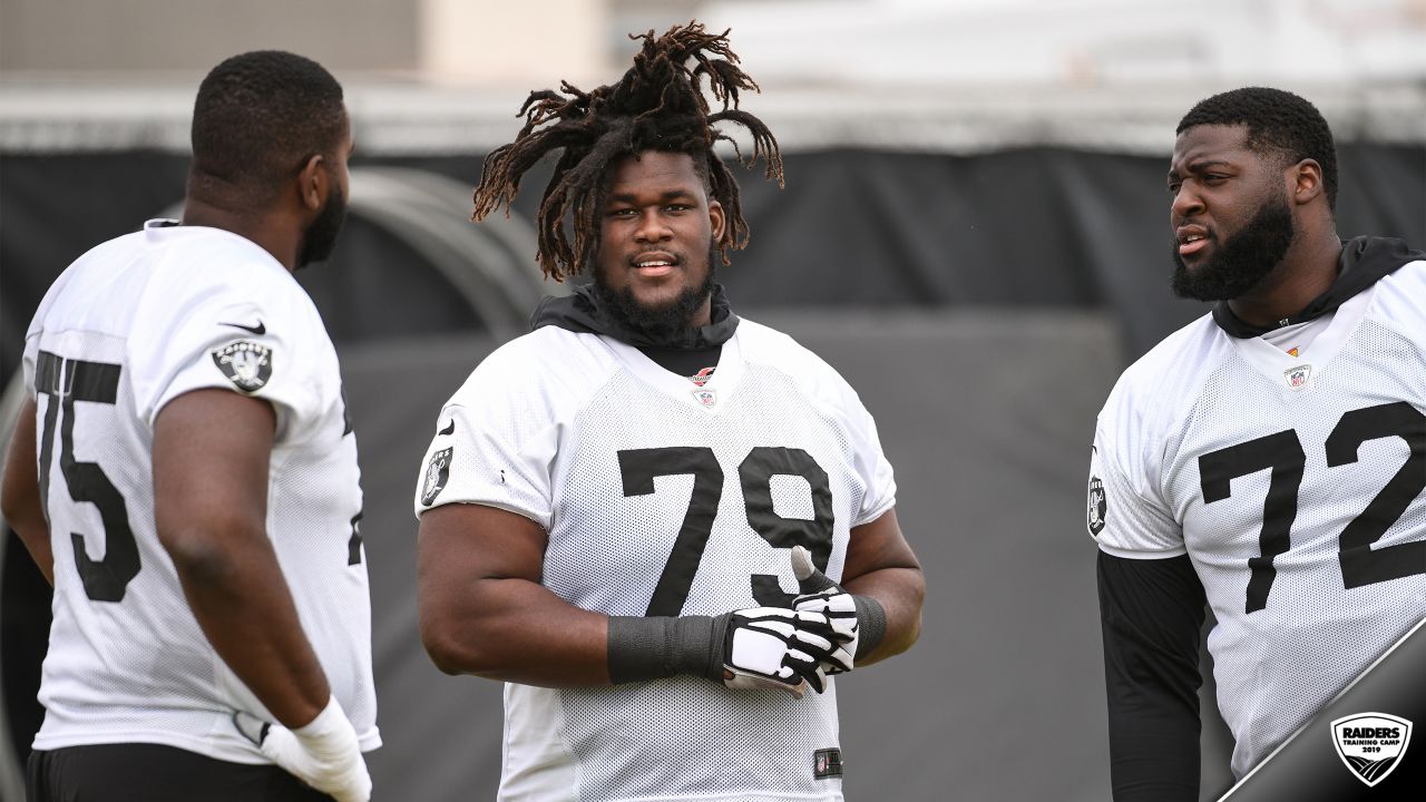 Oakland Raiders defensive tackle Johnathan Hankins (90) during NFL football  training camp Thursday, Aug. 8, 2019, in Napa, Calif. Both the Oakland  Raiders and the Los Angeles Rams held a joint practice