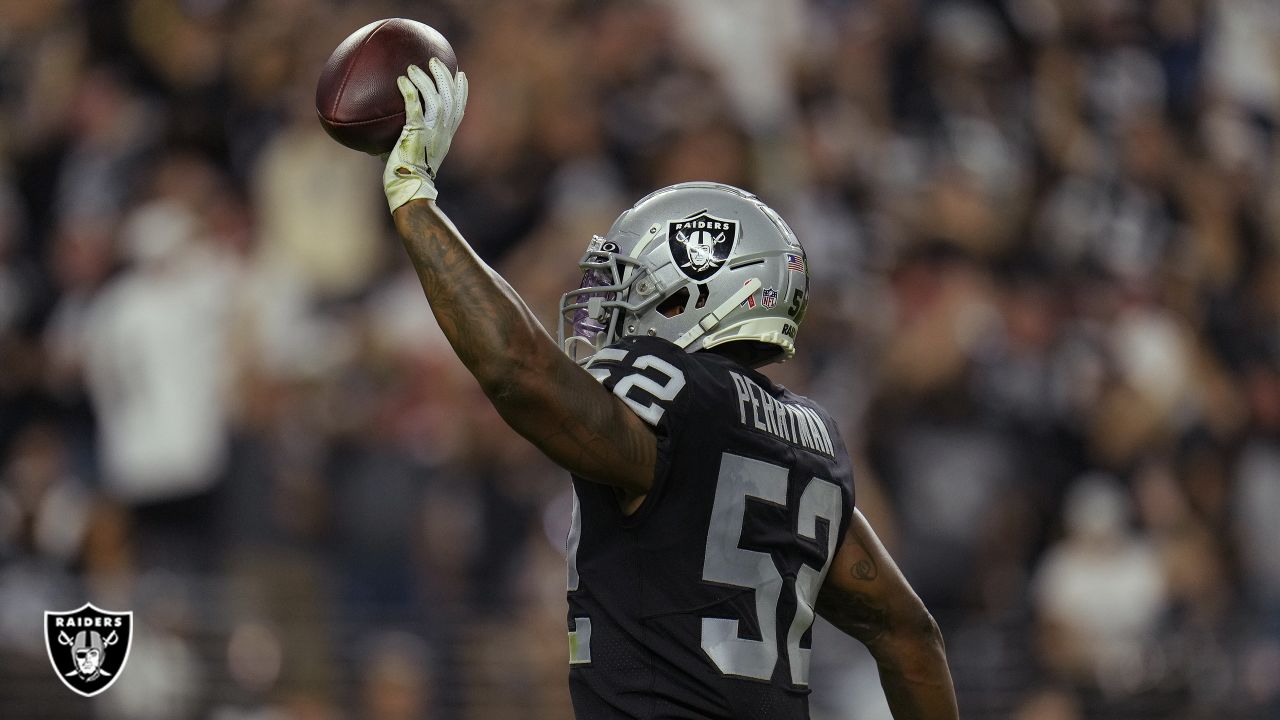 Las Vegas Raiders' Johnathan Hankins reacts after recovering a fumble  during the first half an …